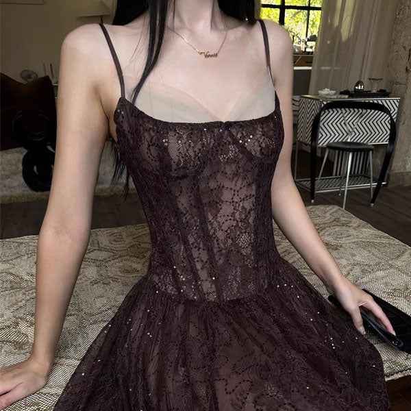 Isadora Enchanting Dark Brown Lace Evening Maxi Dress - Image 5