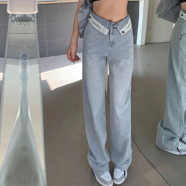 Jazelle Fold Over Waist Straight Leg Denim Jeans - Image 3