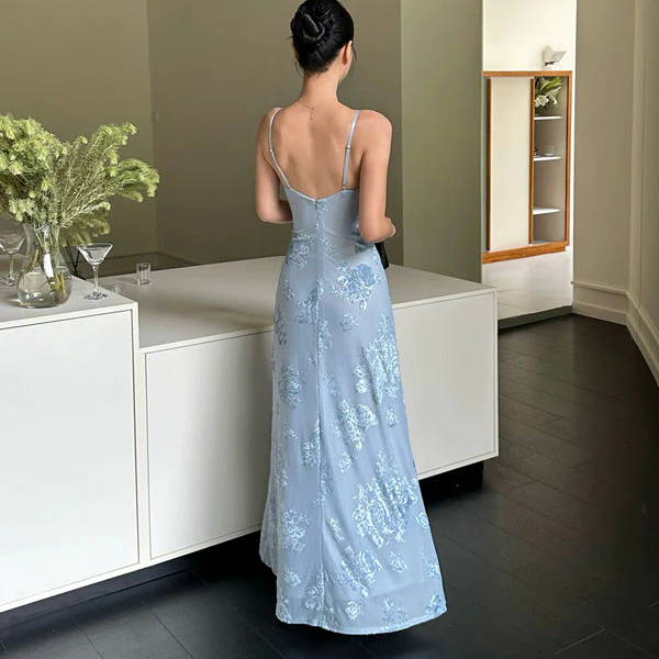Jeanie Powder Blue Embellished Embroidery Floral Evening Dress - Image 2