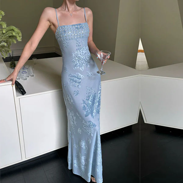 Jeanie Powder Blue Embellished Embroidery Floral Evening Dress - Image 3
