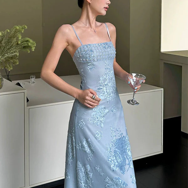 Jeanie Powder Blue Embellished Embroidery Floral Evening Dress - Image 4