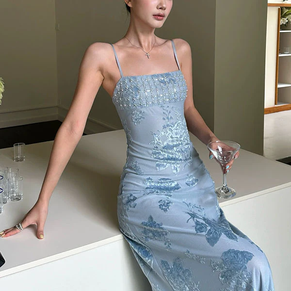Jeanie Powder Blue Embellished Embroidery Floral Evening Dress - Image 6