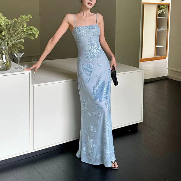 Jeanie Powder Blue Embellished Embroidery Floral Evening Dress - Image 7