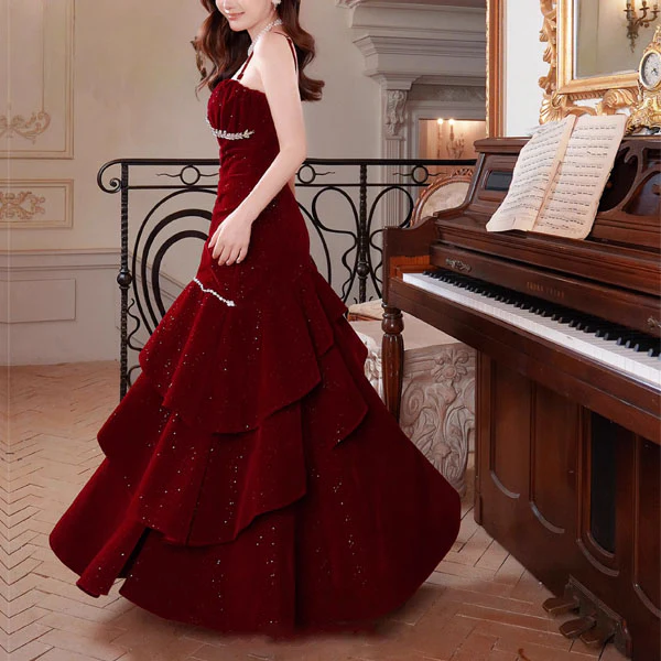 Julia Red Jewel-Embellished Velvet Ruffles Evening Dress - Image 2