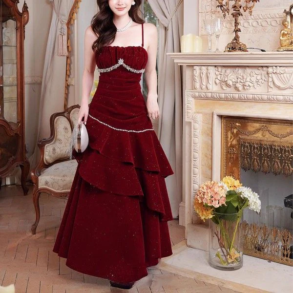 Julia Red Jewel-Embellished Velvet Ruffles Evening Dress - Image 3