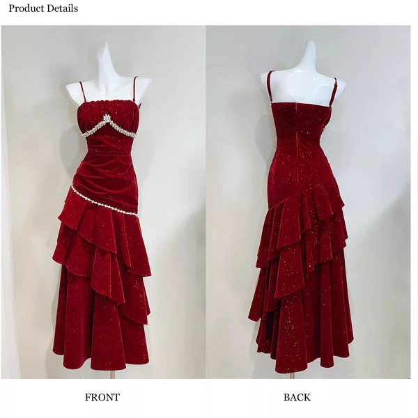 Julia Red Jewel-Embellished Velvet Ruffles Evening Dress - Image 6