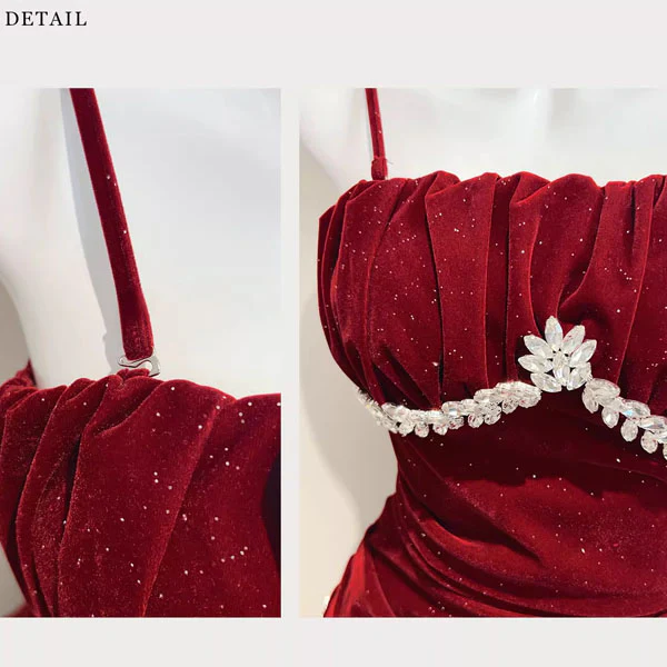 Julia Red Jewel-Embellished Velvet Ruffles Evening Dress - Image 7