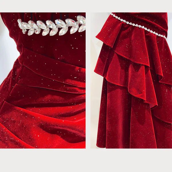 Julia Red Jewel-Embellished Velvet Ruffles Evening Dress - Image 8