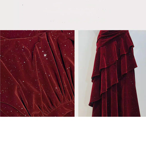 Karlie Velvet Wine Red Tiered Ruffle Evening Dress - Image 10