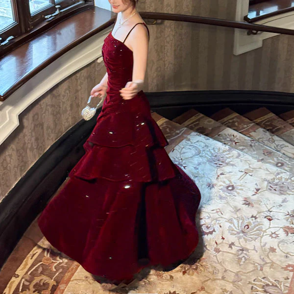 Karlie Velvet Wine Red Tiered Ruffle Evening Dress - Image 2