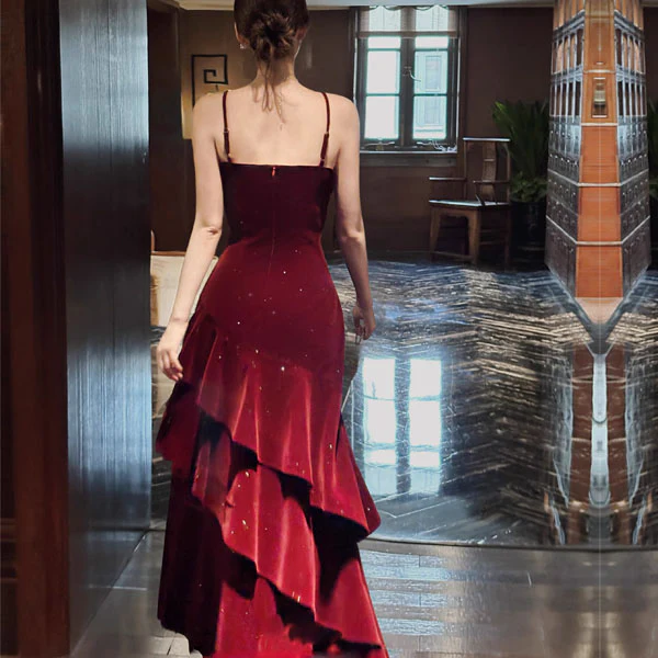Karlie Velvet Wine Red Tiered Ruffle Evening Dress - Image 3