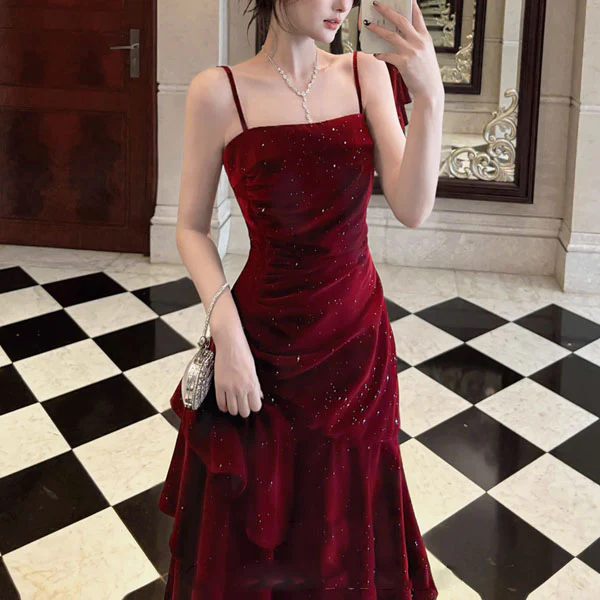 Karlie Velvet Wine Red Tiered Ruffle Evening Dress - Image 4