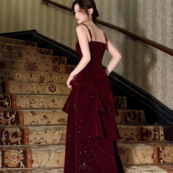 Karlie Velvet Wine Red Tiered Ruffle Evening Dress - Image 5