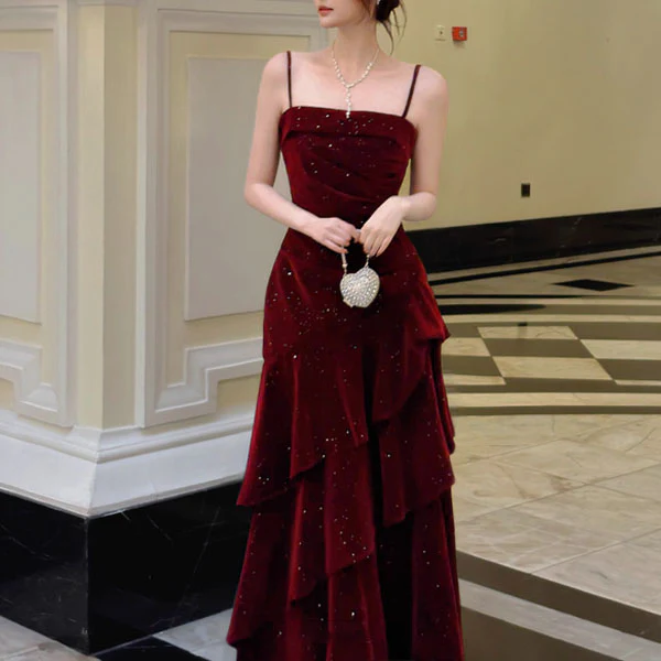 Karlie Velvet Wine Red Tiered Ruffle Evening Dress - Image 6