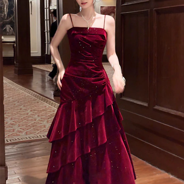 Karlie Velvet Wine Red Tiered Ruffle Evening Dress - Image 7