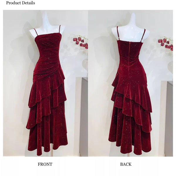 Karlie Velvet Wine Red Tiered Ruffle Evening Dress - Image 8