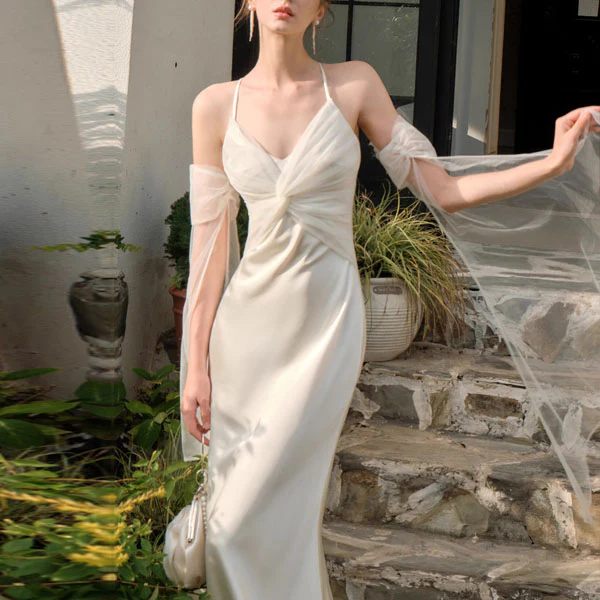 Katrina Ivory Draped Front Satin Evening Dress - Image 4