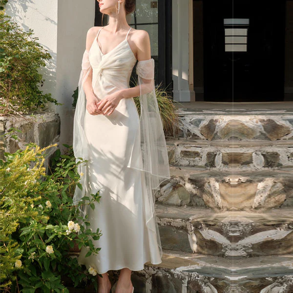 Katrina Ivory Draped Front Satin Evening Dress - Image 5
