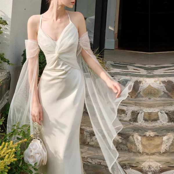 Katrina Ivory Draped Front Satin Evening Dress - Image 6