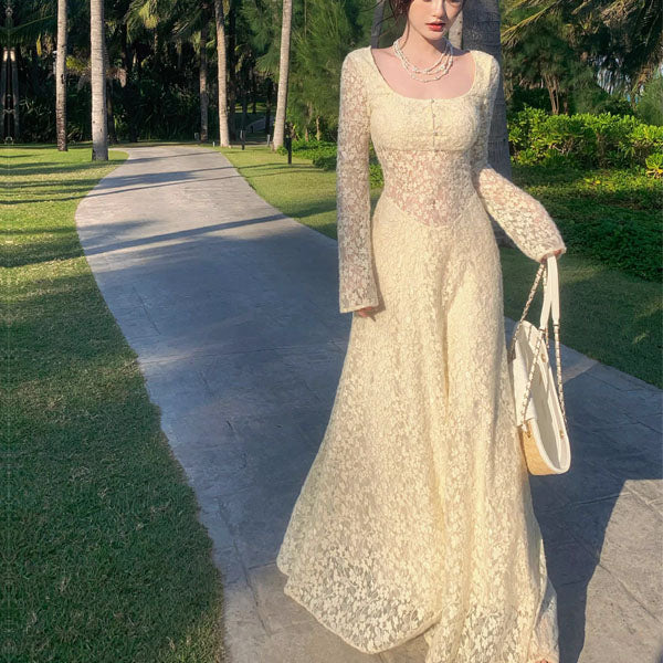 Kimora Floral Lace Long Sleeve Square Neck Maxi Dress
