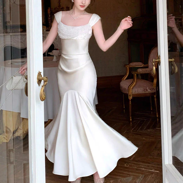 Kristina Elegant Satin Mermaid Dress with Draped Neckline - Image 6