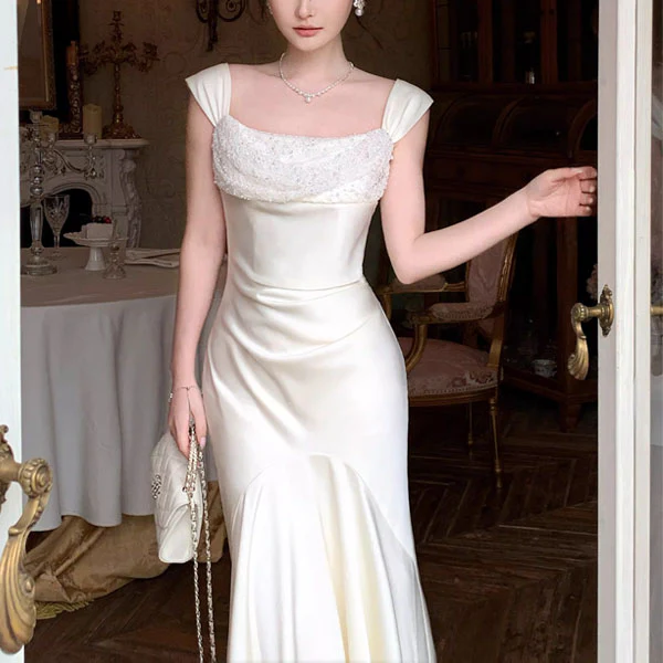 Kristina Elegant Satin Mermaid Dress with Draped Neckline - Image 7