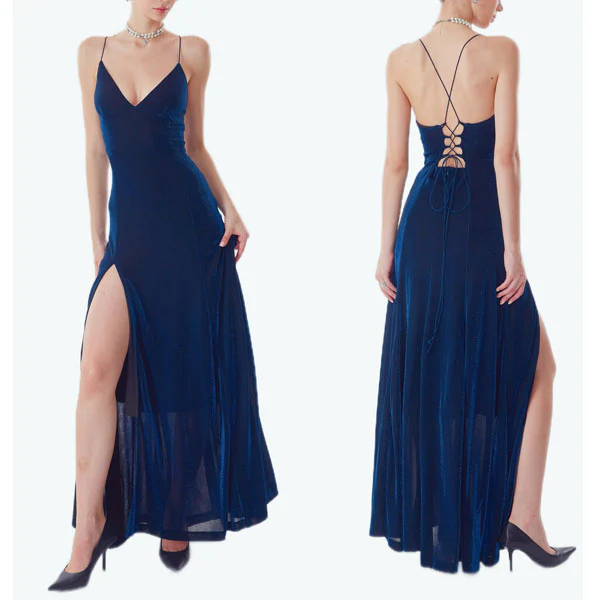 Lauren Elegance Velvet Lace-Up Back Evening Dress - Image 4