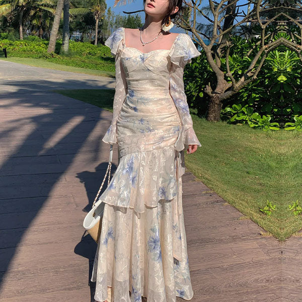 Laurina Ivory Blue Floral Long Sleeve Ruffles Maxi Dress