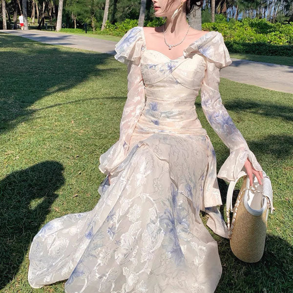 Laurina Ivory Blue Floral Long Sleeve Ruffles Maxi Dress - Image 3