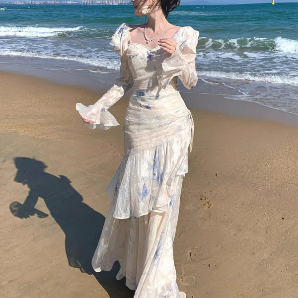 Laurina Ivory Blue Floral Long Sleeve Ruffles Maxi Dress - Image 5