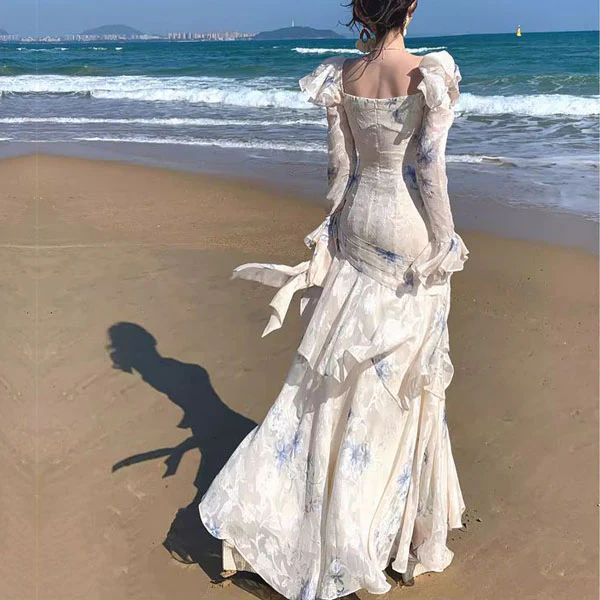 Laurina Ivory Blue Floral Long Sleeve Ruffles Maxi Dress - Image 6