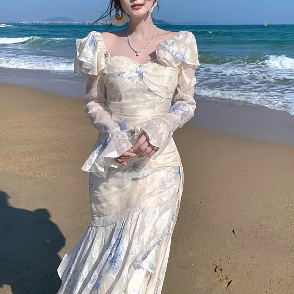 Laurina Ivory Blue Floral Long Sleeve Ruffles Maxi Dress - Image 7