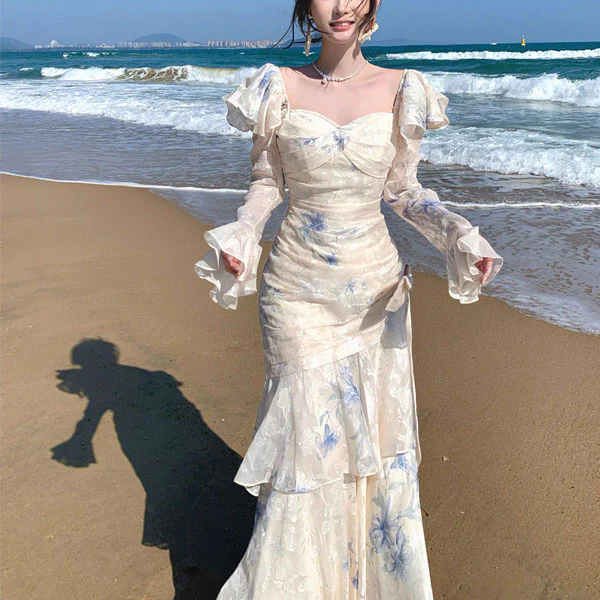 Laurina Ivory Blue Floral Long Sleeve Ruffles Maxi Dress - Image 8