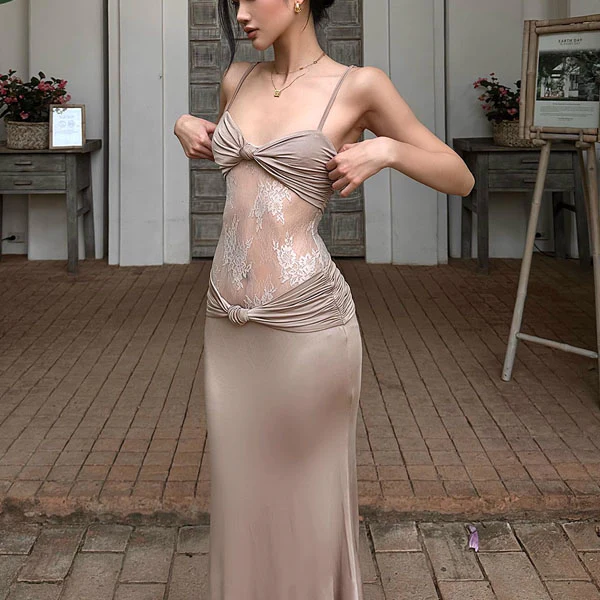 Lavinia Champagne Lace Panel Evening Dress - Image 2