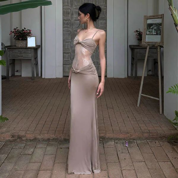 Lavinia Champagne Lace Panel Evening Dress - Image 5