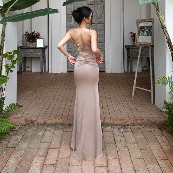 Lavinia Champagne Lace Panel Evening Dress - Image 6