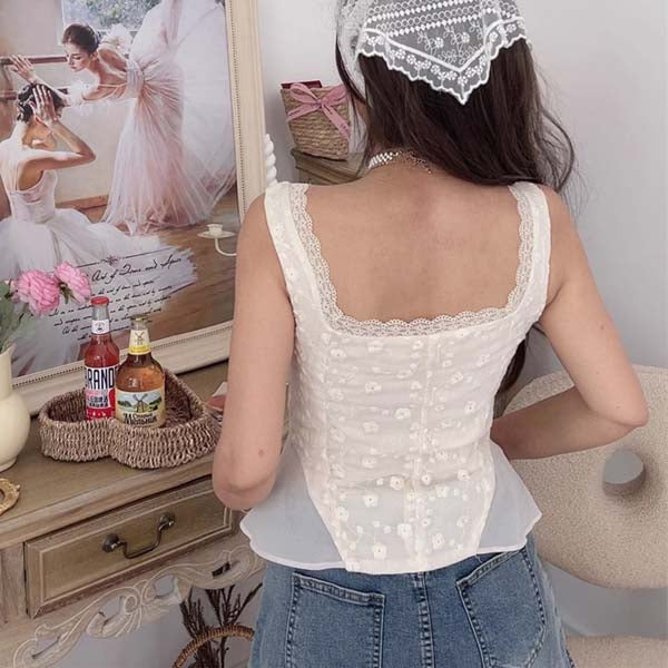 Leia Cream Lace Floral Embroidered Tank Top - Image 2