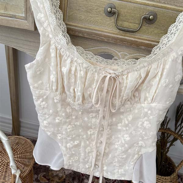 Leia Cream Lace Floral Embroidered Tank Top - Image 3