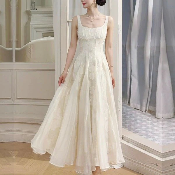 Leia Ivory Floral Appliqué A-Line Square Neckline Dress
