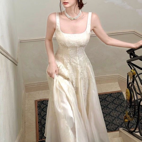 Leia Ivory Floral Appliqué A-Line Square Neckline Dress - Image 3