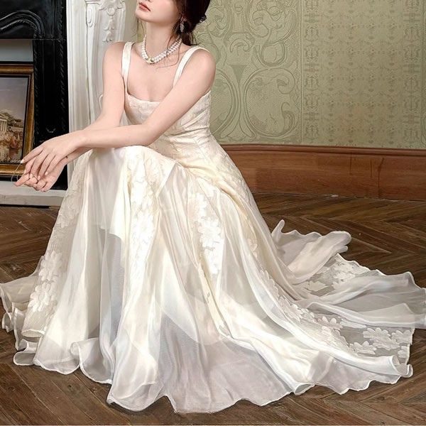 Leia Ivory Floral Appliqué A-Line Square Neckline Dress - Image 4