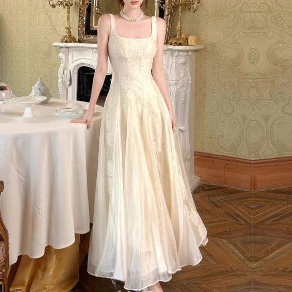 Leia Ivory Floral Appliqué A-Line Square Neckline Dress - Image 5