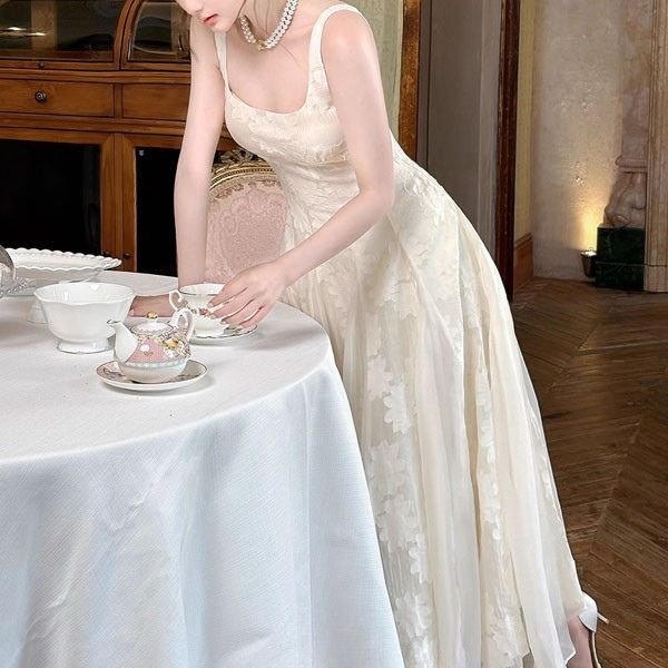 Leia Ivory Floral Appliqué A-Line Square Neckline Dress - Image 6