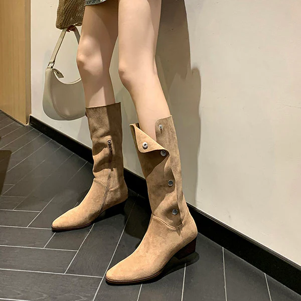 Lilia Snap Buttons Folded Suede Boots - Image 10