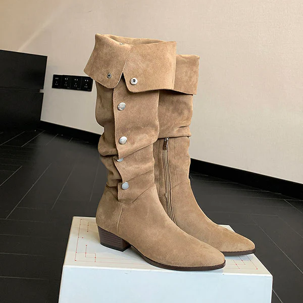 Lilia Snap Buttons Folded Suede Boots - Image 12