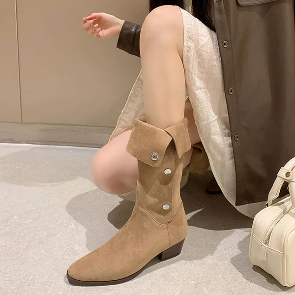 Lilia Snap Buttons Folded Suede Boots - Image 9