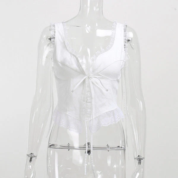 Lindsay Lace Trim White Tie Front Top - Image 7