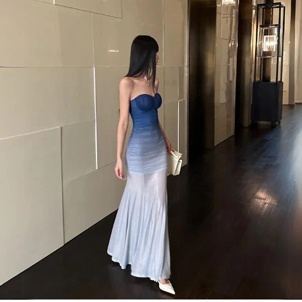 Liroa Elegant Ombré Ruched Strapless Evening Dress - Image 6