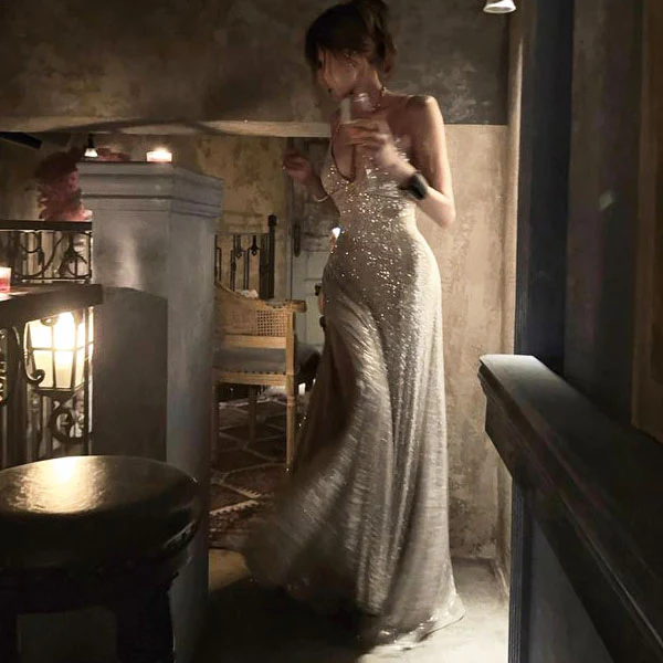 Lora Sparkle Gold Lace Back Evening Dress - Image 3