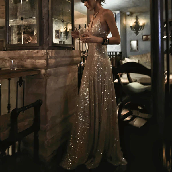 Lora Sparkle Gold Lace Back Evening Dress - Image 5